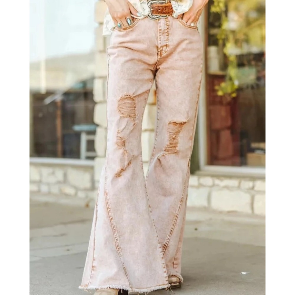 Lucky & Blessed High Rise Flare Jeans Camel Acid Wash Distressed Bell Bottoms e5